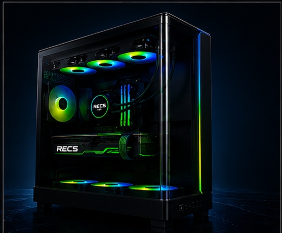 RECS custom PC front three-quarter view